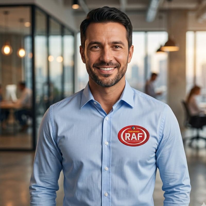 Homem vestindo camisa social azul claro com bordado RAF no peito — exemplo de camisa social personalizada pela RAF