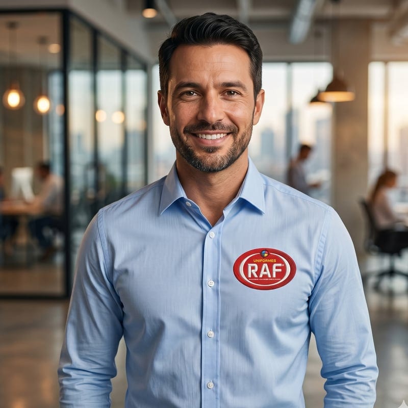 Homem vestindo camisa social azul claro com bordado RAF no peito — exemplo de camisa social personalizada pela RAF