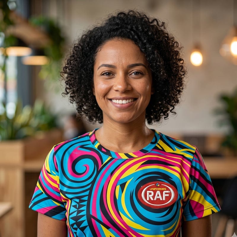 Mulher vestindo camiseta com estampa CMYK colorida e logo RAF — exemplo de camiseta com estampa moderna
