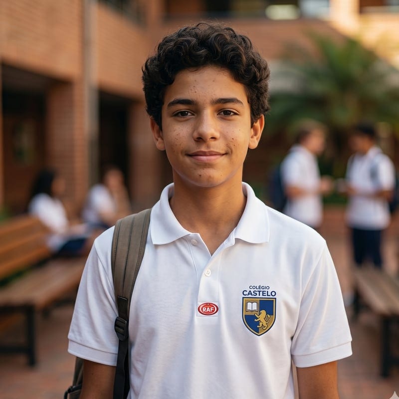 Adolescente em pátio escolar vestindo uniforme com escudo da escola — exemplo de uniforme escolar produzido pela RAF